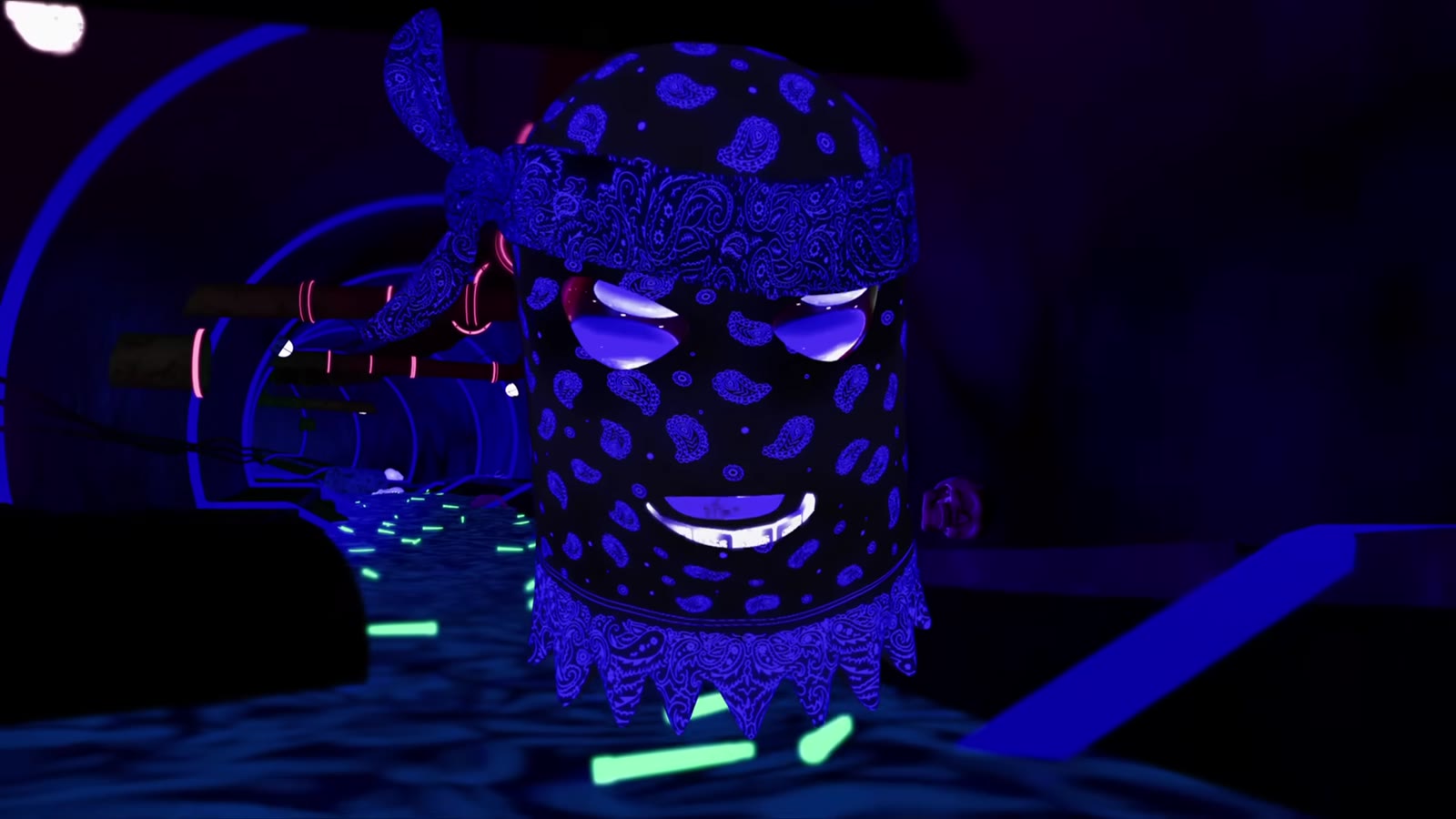 Masked character under neon light, from the Omerta music video