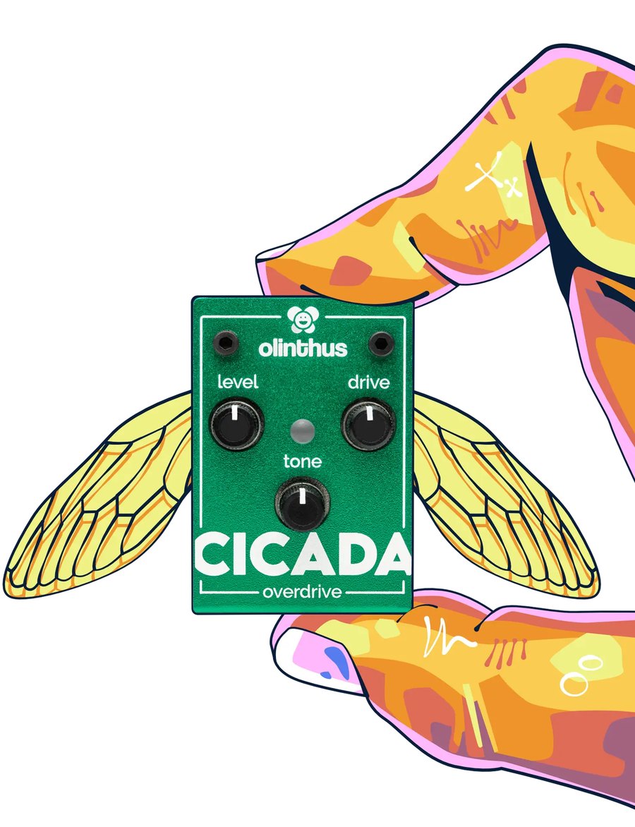 The Cicada pedal held between two illustrated fingertips, showing its size.